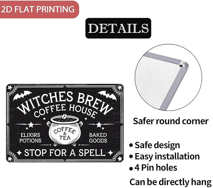 Vintage Witches Brew Coffee House Stop For A Spell Metal Sign - 8x12 Inch, Gothic Witch Plaques Art Sign For Kitchen, Pubs, Cafe, Living Room Decor, Halloween Party Accessories, Halloween Decor - Image 2