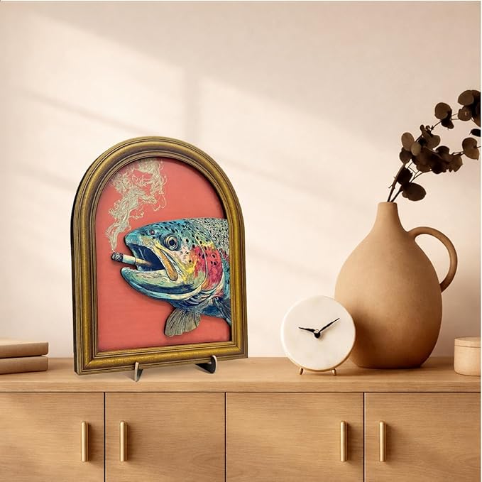 3D Funny Vintage Trout Wall Art Sign, Retro Whimsical Trout Fish Animal Decor Sign for Home Bar Man Cave Desk Wall Shelf Decor 8x10 Inch