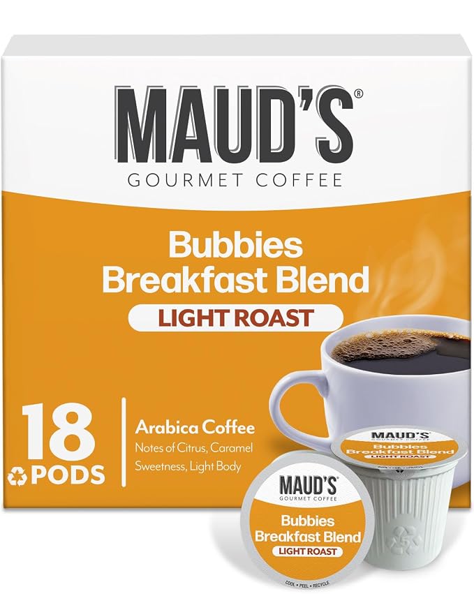 Maud's Breakfast Blend Coffee Pods, 18 ct, Light Roast Coffee in Single Serve Pods – 100% Arabica Beans, Compatible with Keurig K Cups Maker by MAUDSCOFFEETEA
