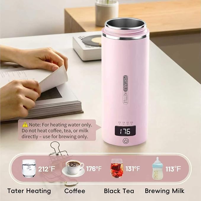Travel Kettle, Portable Electric Kettle with 4 Temperature Controls, 304 Stainless Steel with Auto Shut-off & Leak Proof, Pink (120V)