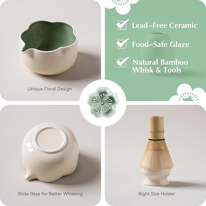 Matcha Set, 8Pcs Floral Ceramic Matcha Kit with Matcha Whisk, Holder, Scoop, Scoop Rest, Sifter, Spoon and Tea Towel - Thoughtful Matcha Whisk Set Gift for Matcha Lovers (Beige & Green)