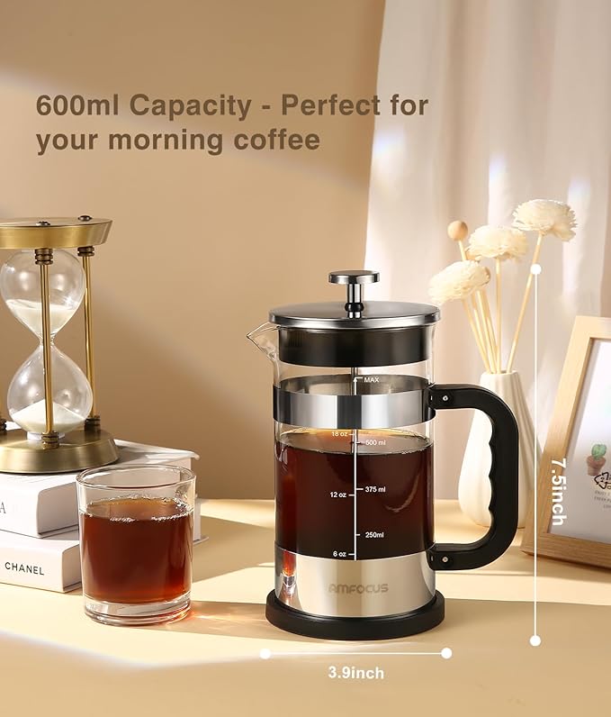 French Press Coffee Maker - 21OZ Classic Glass Coffee Press, Heat-resistant Borosilicate Glass Coffee Pot with 4-Level Disassemble Filters, Portable Cold Brew Coffee Maker for Travel Home Gift(Sliver)