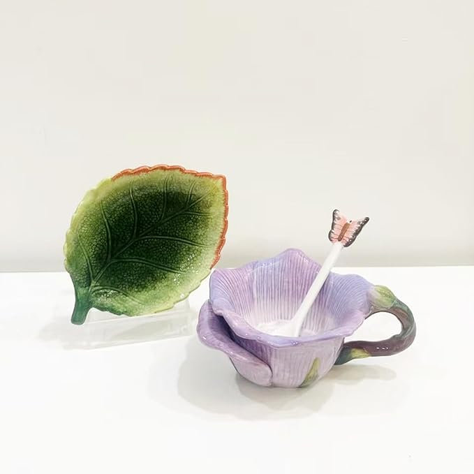 Ceramic Tea Cup and Saucer Set ，6OZ 3D Hand-Painted Flower and Lotus Leaf Coffee Mug，Gift for Women- Pinkish Purple Rose