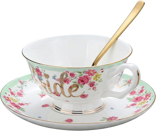 Rtteri Bride Teacup and Saucer Set 7oz Bridal Shower Teacup Porcelain Ceramic Tea Cups for Bridal Shower Tea Party Wedding Decor Victorian Elegant Coffee(Green,Floral)