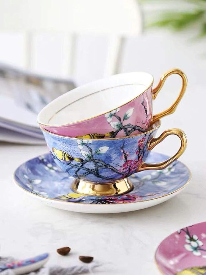 YBK Tech Euro Style Cup& Saucer Set Art Bone China Ceramic Tea Coffee Cup for Breakfast Home Kitchen- Birds and Trees Patterns (Bright Blue)