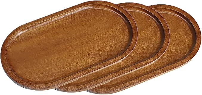 Small Wooden Tray (7.5 x 4.1 inch) 3 Pack, Oval Mini Serving Tray for Coffee Tables, Dessert, Snack, Fruit, Acacia Wood Platter for Vegetable, Decor Restaurant