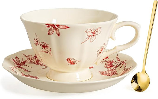 Vintage Porcelain Tea Cup and Saucer Set for 1, 8 oz Cappuccino Cup with Golden Spoon, Small Cream Red Floral Latte Art Cup, Happy Birthday Gifts