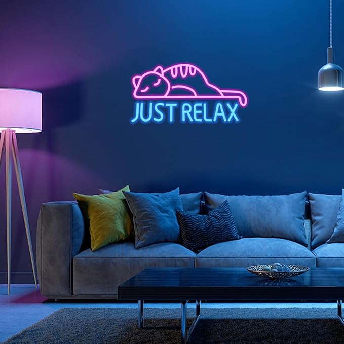 Cat Led Neon Sign Just Relax Words Neon Sign Pink Blue Led Signs for Wall Decor Animal Wall Art Neon Light Sign USB Powered for Pet Lover Party Bedroom Birthday Game Room Man Cave Gifts
