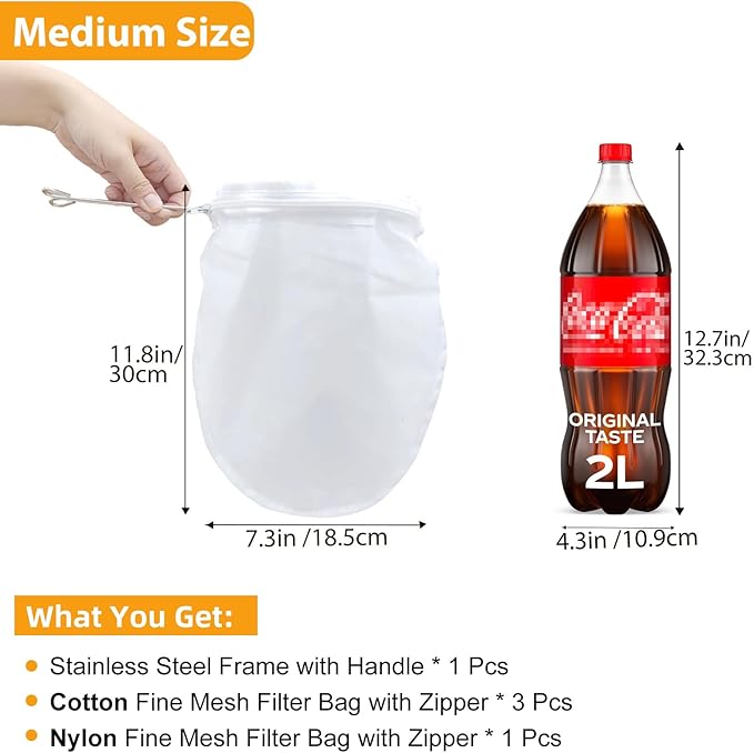5 Pcs Premium Ultra Fine Mesh Strainer Bags with Stainless Steel Handle, Reusable Nut Milk Bags, Cheese Cloths for Straining Juice, NutMilk, Coffee, Thai Tea, Yogurt and Soup (Medium)