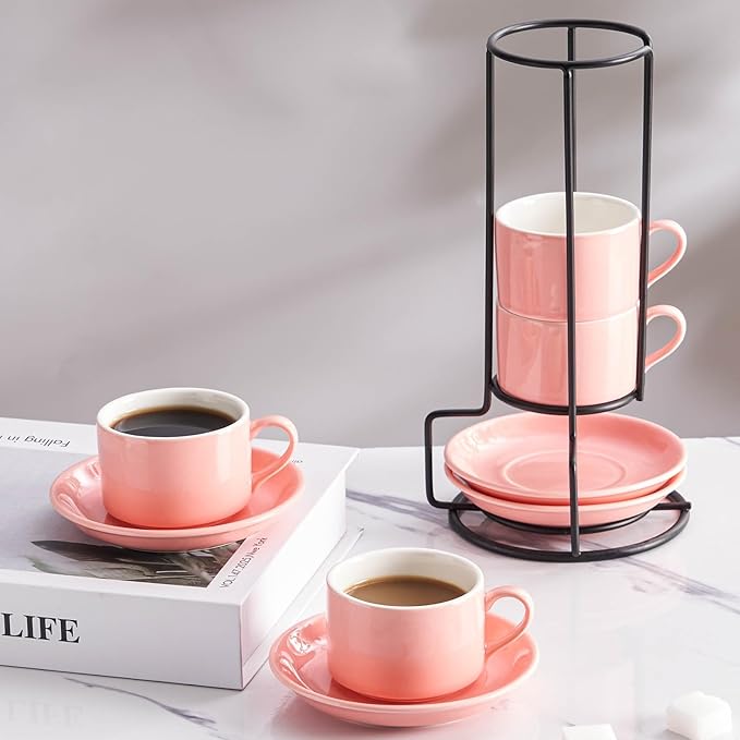 4oz Porcelain Stackable Espresso Cups with Saucers and Metal Stand Set of 4, Stackable Espresso Cups Set of 4, Pink Expresso Shots Cup Set for Coffee Drinks, Cappuccino Latte, Americano, Tea