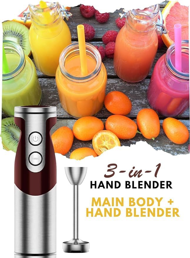 MegaWise 3-in-1 Hand Blender Set with Variable Speed Control, 400W Immersion Blender - Includes Whisk, Milk Frother, Chopper, and Beaker for Smoothies, Soups, and Baby Food (RED)