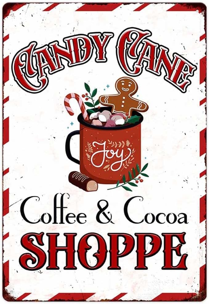 Candy Cane Coffee And Cocoa Shoppe Metal Tin Sign Farmhouse Christmas Decorations Vintage Retro Poster For Coffee Bar Home Cafe Wall Decor Art Winter Decoration Hanging Plaque 8 X 12 Inch by ZUGUBAQ