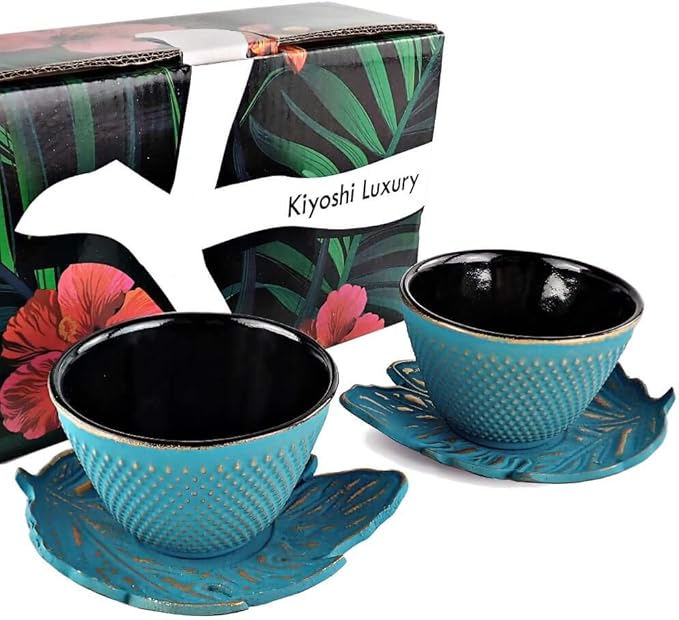 4pc Japanese Tea Cups Set. Turquoise/Gold Cast Iron Tea Cup Set, 2 Tea Cups and Saucers. 4oz Teacup Set For Any Japanese Tea Set or Teapot.