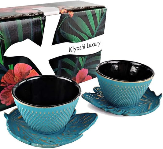 4pc Japanese Tea Cups Set. Turquoise/Gold Cast Iron Tea Cup Set, 2 Tea Cups and Saucers. 4oz Teacup Set For Any Japanese Tea Set or Teapot.