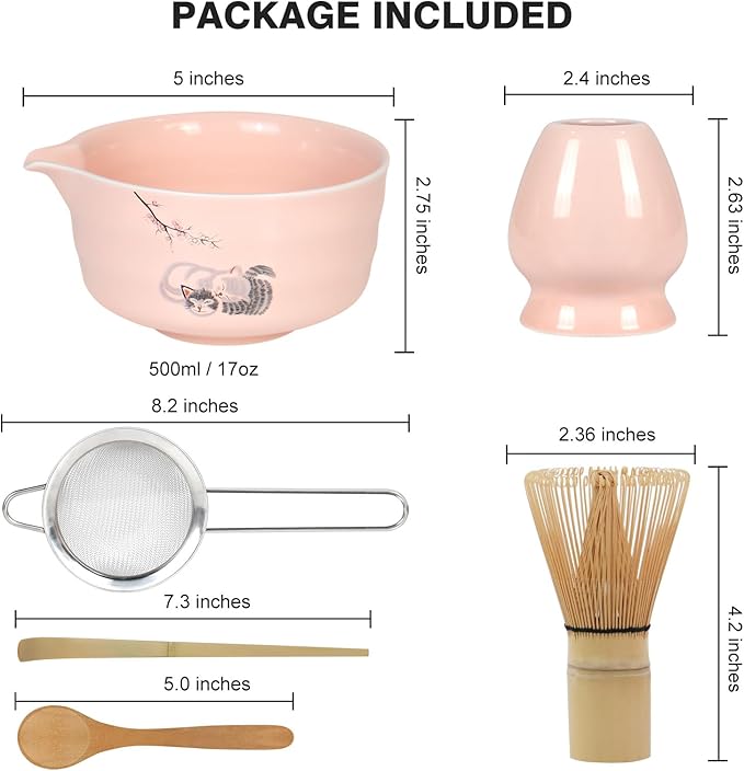 Matcha Whisk Set, Ceremonial Grade Pink Matcha Set, Premium Japanese Matcha Kit with Bamboo Whisk for Matcha Tea, Mixing Bowl, Scoop, Sifter and Matcha Whisk Holder