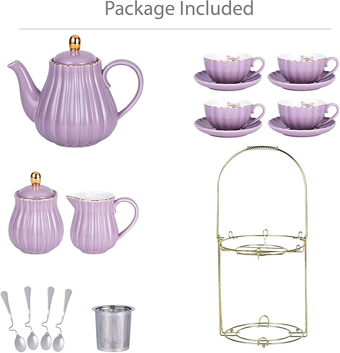 Jusalpha Fine China 8 OZ Purple Coffee Cup/Teacup, Saucer, Spoons, Teapot and Creamer Set, 17-Pieces (FD-TW17PC Set, Purple)