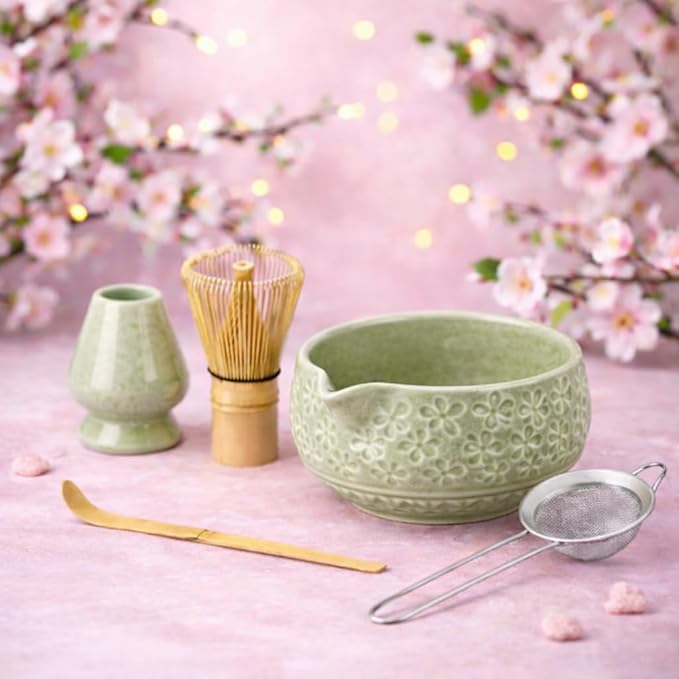 Matcha Whisk Set- Matcha Set includes Matcha Whisk and Bowl, Sifter, Holder and Scoop- The Perfect Bamboo Whisk for Matcha Tea (Molted Green)