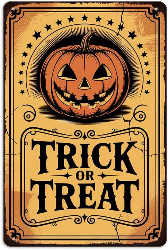 Vintage ''Trick or Treat'' Metal Sign - 8x12 Inch, Spooky Pumpkin Ghost Art Sign For Porch, Pubs, Cafe, Garage Decor, Halloween Party Accessories, Halloween Decor by Unknown