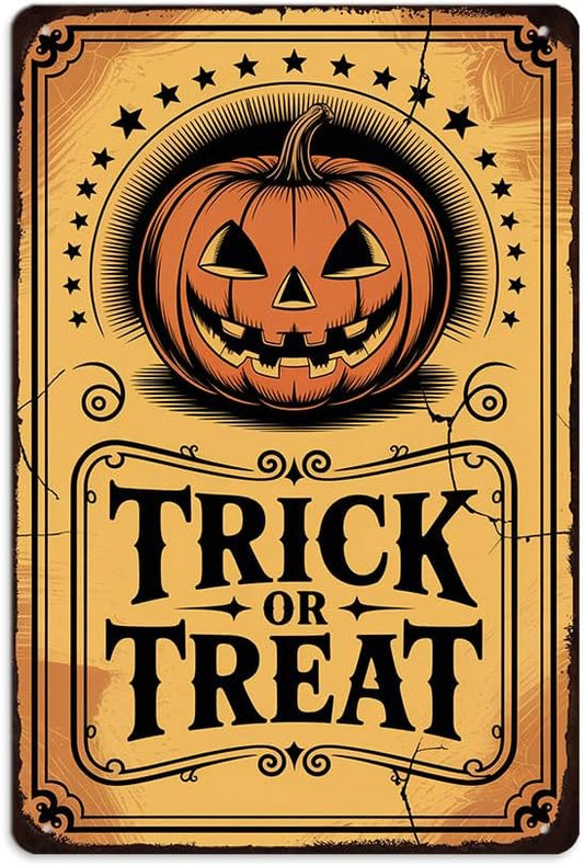 Vintage ''Trick or Treat'' Metal Sign - 8x12 Inch, Spooky Pumpkin Ghost Art Sign For Porch, Pubs, Cafe, Garage Decor, Halloween Party Accessories, Halloween Decor by Unknown
