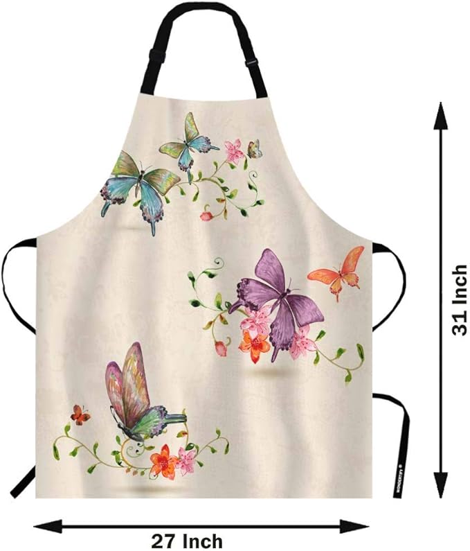 WONDERTIFY Butterfly Apron,Colorful Butterflies Flying Around The Beautiful Flowers Bib Apron with Adjustable Neck for Men Women,Suitable for Kitchen Cooking Waitress Chef Grill Bistro Baking Apron