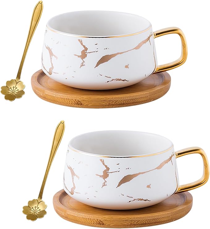 Jusalpha 10 oz Luxury Golden Hand Print Teacup Coffee Cup with Bamboo Saucer Set TCS19 (2 Sets, White)