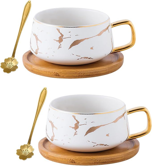 Jusalpha 10 oz Luxury Golden Hand Print Teacup Coffee Cup with Bamboo Saucer Set TCS19 (2 Sets, White)