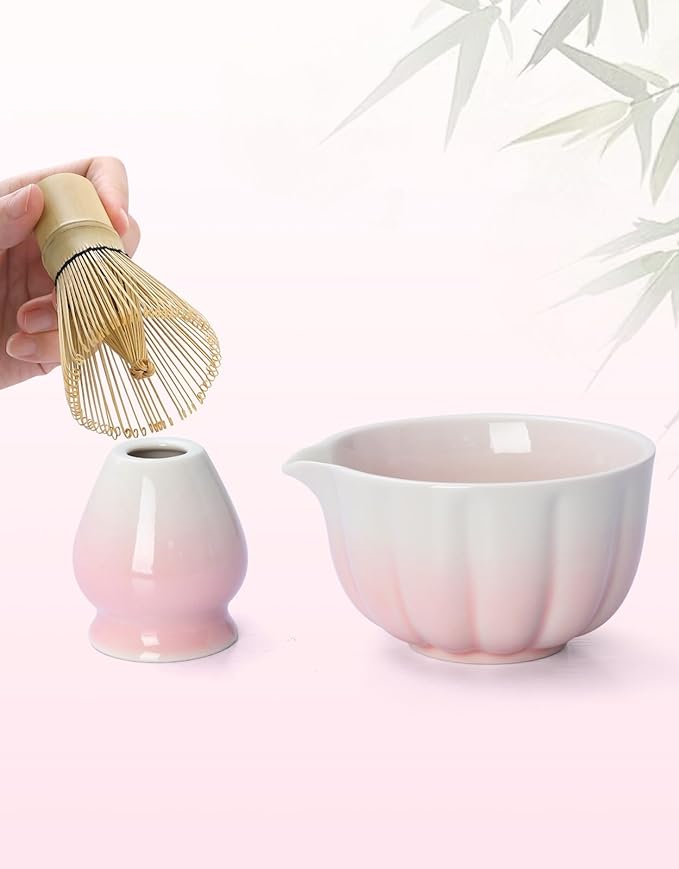 Matcha Whisk Set, 7 Pcs, Matcha Kit Includes Matcha Bowl, Matcha Whisk and Holder, Bamboo Scoop, Spoon, Sifter and Tea Towel, Matcha Set, Gift for Matcha Lovers & Beginners (Gradient Pink)