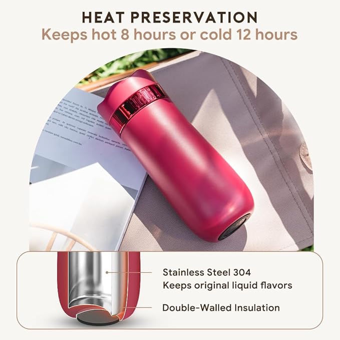 BENFUCHEN Travel Coffee Press, Vacuum Insulated Portable French Press, Stainless Steel Portable Coffee Maker/Tea Press, 12oz, Rose Red