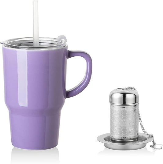 Sweejar Ceramic Tea Cup with Lid, 16 OZ Portable Coffee Mug, Dishwasher Safe Travel Mug with Infuser, Reusable Teacup for Car Cup Holder, Tea Lovers(Purple)