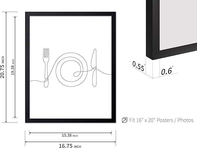 Poster Master Vintage Minimalist Poster - Retro Illustration Print - Fork, Plate, Knife, Line Drawing, Simple - Gift for Artist, Friend - Wall Decor for Kitchen, Restaurant, 16x20 Black Framed