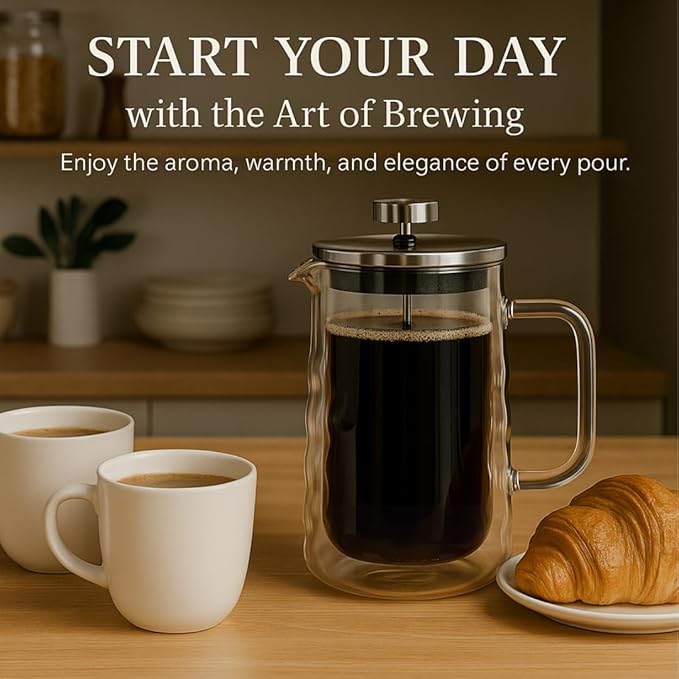 Glass French Press Coffee Maker, Double-Wall Borosilicate Glass Coffee Press with Stainless Steel Mesh Filter, Manual Coffee Brewer & Tea Press, Wavy-Design French Press 22oz (Serves 4–5 Cups)