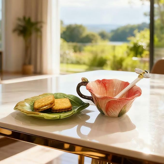 Ceramic Pansy Coffee Cup and Saucer Set with Spoon，6OZ 3D Hand-Painted Flower Tea Mug，Gift for Women (Red)