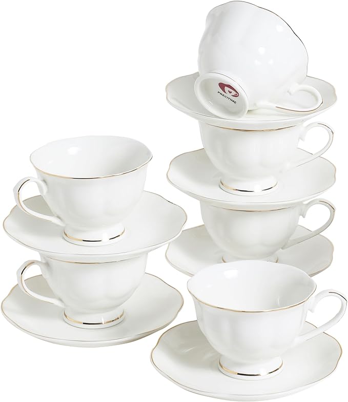 White Ceramic Tea Cup and Saucer Set of 6 (12-Piece) - 6oz Elegant Porcelain Cups with Gold Rim, 6 Cups & 6 Saucers for Tea Party