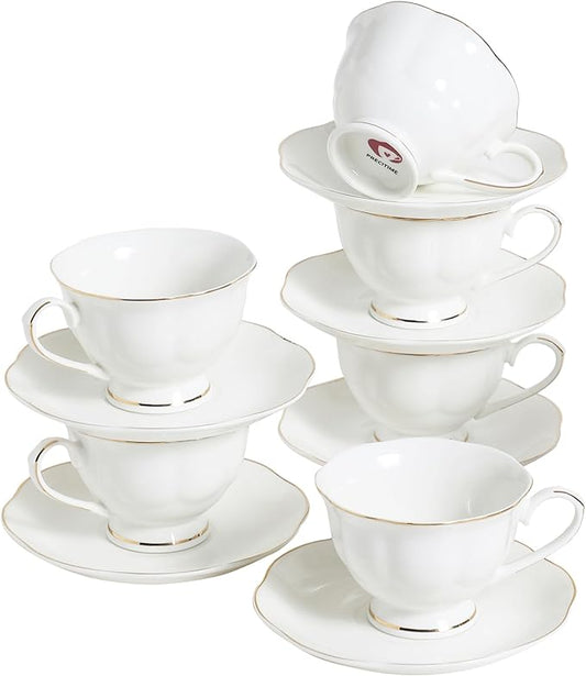 White Ceramic Tea Cup and Saucer Set of 6 (12-Piece) - 6oz Elegant Porcelain Cups with Gold Rim, 6 Cups & 6 Saucers for Tea Party