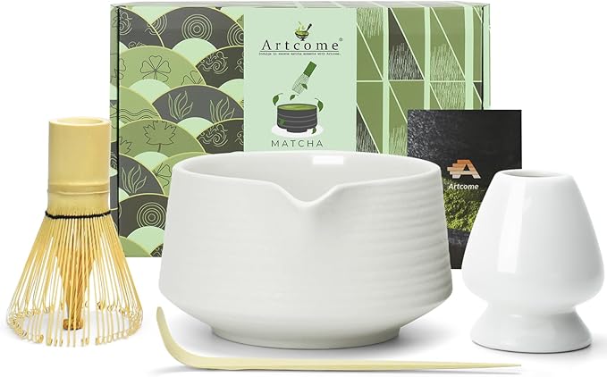 Artcome Matcha Tool Set - Complete Kit with Matcha Bowl with Spout, Bamboo Whisk, Tea Scoop & Whisk Holder, Porcelain White