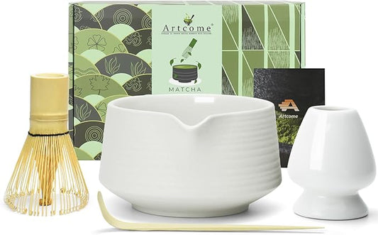 Artcome Matcha Tool Set - Complete Kit with Matcha Bowl with Spout, Bamboo Whisk, Tea Scoop & Whisk Holder, Porcelain White