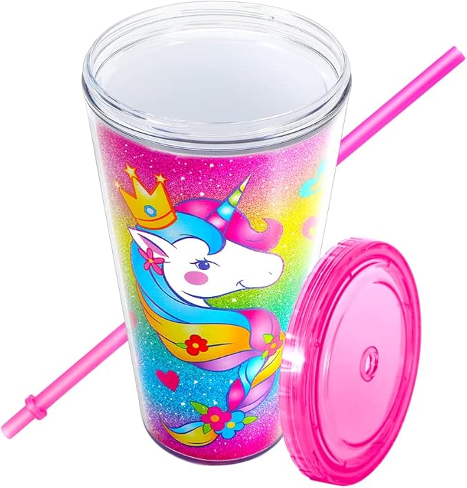 Home Tune Cute Glitter Tumbler Cups with Lid and Straw, Double Wall Insulated Acrylic Cup, 22 oz / 650ml (Unicorn)