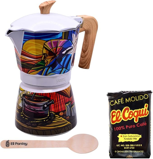Puerto Rico Greca de Cafe Gift Set | Boricua Art Stovetop Coffee Maker & Moka Pot | with Authentic Cafe El Coqui | Cafetera, 6 Espresso Cups