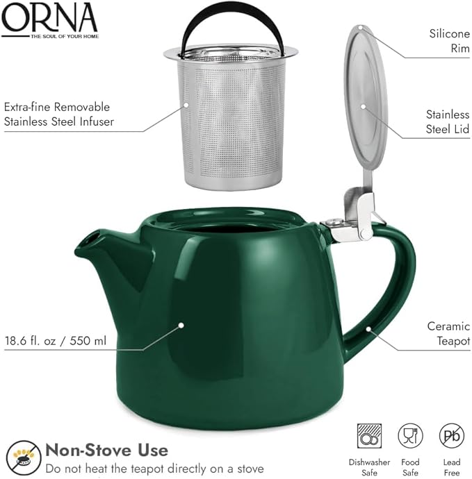 ORNA Ceramic Teapot with Tea Infuser – Small Tea Pot for Loose Leaf Tea – 550ml / 18.6 Oz Porcelain Teapot for 2 Cups with Tea Strainer (Forest Green)