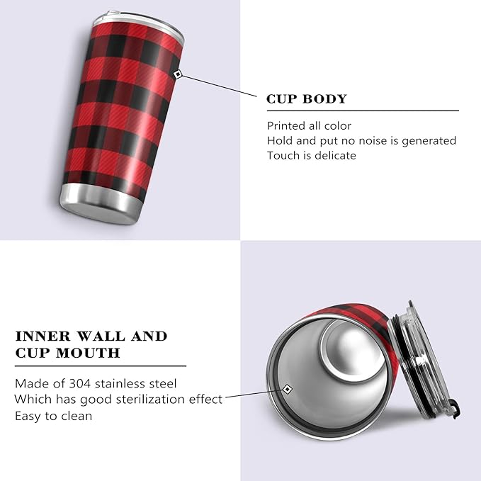 Tumbler Tartan Checker Plaid Red Black Insulated Office Coffee Cup Back to School Beverage Container Travel Mug with Straw and Lid Double Wall Stainless Steel 20oz