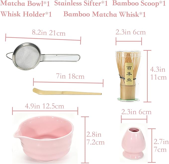 5Pcs Japanese Matcha Tea Set - Ceramic Bowl with Spout & Holder, Bamboo Whisk (Chasen), Scoop, Sifter - Complete Traditional Tea Ceremony Kit for Beginners, Gift for Tea Lovers(Pink)