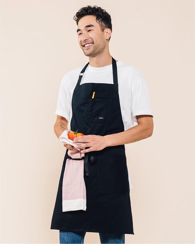 Caldo Daily Cotton Kitchen Apron for Cooking- Mens and Womens Professional Chef or Server Bib Apron - Adjustable Straps with Pockets and Towel Loop (Black) - Image 3