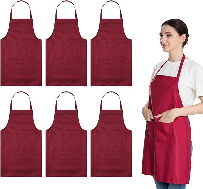 Total 6PCS Deep Red Bib Apron for Women Adult Unisex Durable Comfortable with 2 Front Pockets Washable Chef Aprons for Cooking Baking Kitchen Restaurant Crafting Painting. by LOYHUANG