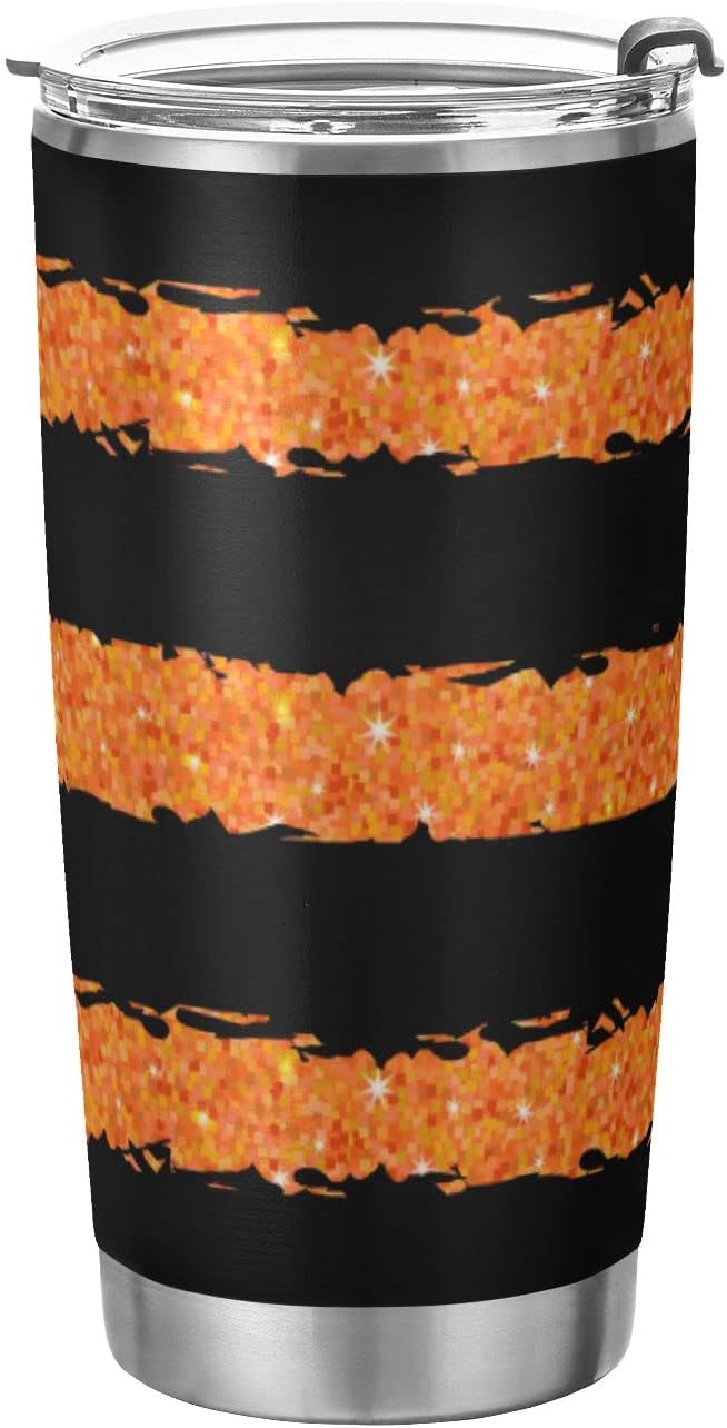 Halloween Tumbler Glitter Stripes Orange Black Insulated Coffee Cup Back to School Beverage Container Office Travel Mug with Straw and Lid 20oz Holiday Gift Day of The Dead Present