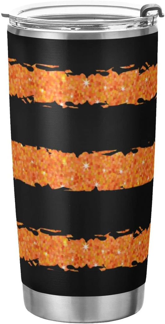 Halloween Tumbler Glitter Stripes Orange Black Insulated Coffee Cup Back to School Beverage Container Office Travel Mug with Straw and Lid 20oz Holiday Gift Day of The Dead Present