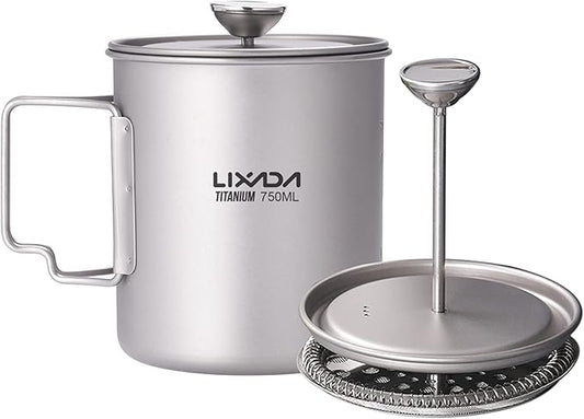 LIXADA Titanium French Press Coffee Maker, 750ml, Corrosion Resistant, Foldable Handle, Outdoor Camping Cooking Pot