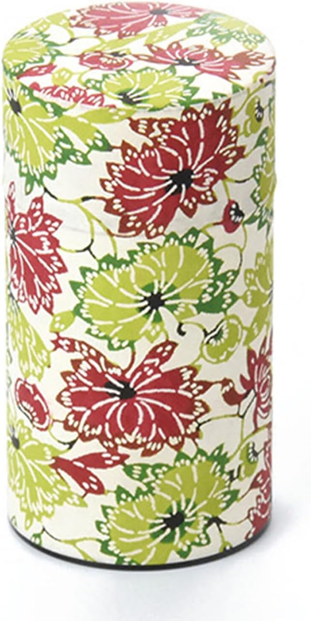 Japanese Pokkan Matcha Coffee Spice Tea Tin Canister Washi Paper Storage with Lid 7.05 oz Capacity (Natsuhana)