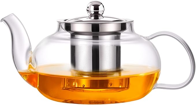 Glass Teapot Stovetop 20 OZ/600ml, Tea pot with Removable 18/8 Stainless Steel Infuser, Borosilicate Clear Tea Kettle, Teapot Blooming and Loose Leaf Tea Maker Tea Brewer for Camping, Travel