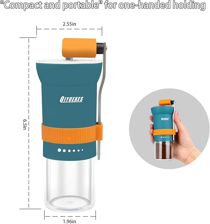 Portable Manual Coffee Grinder with Conical Burr and Adjustable 6 Coarseness Settings, Hand Crank Bean Mill for Camping, Hiking and Travel Use