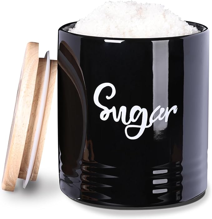 LEETOYI Porcelain Food Storage Containers with Lid, 4.5 Inch 31oz, Black Labeled Sugar